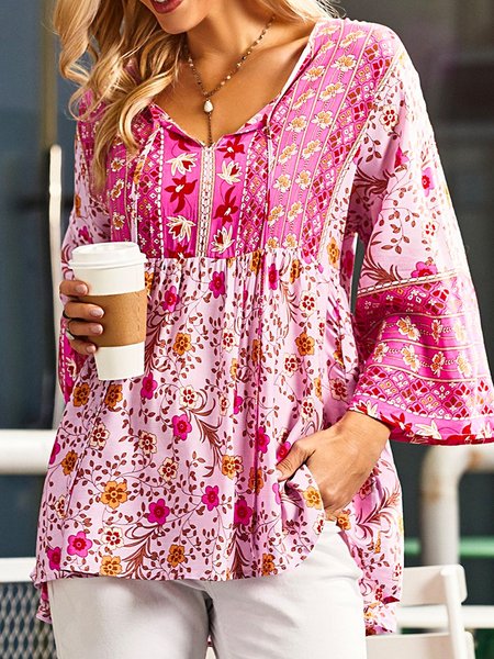 V Neck Floral Loosen Shirts & Tops, As picture, Tops