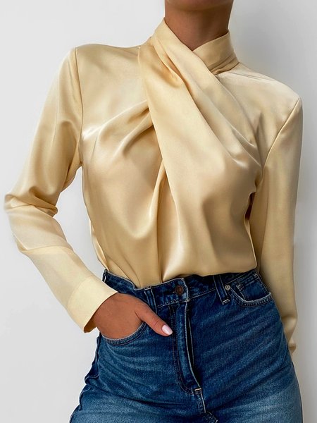 

Solid Elegant Long Sleeve Cross Top, Light yellow, Tops