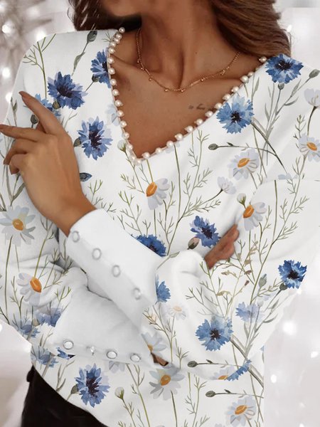 

Loosen Cotton Blends Vacation Pearl Buttoned Floral Shirts & Tops Plus Size, Blue, Long sleeve tops