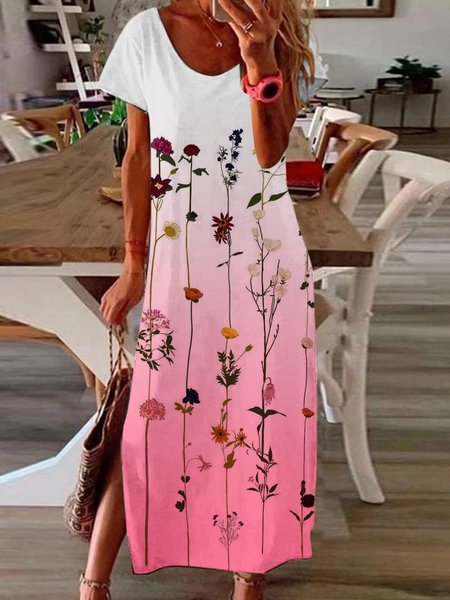 

Pink Floral Print Casual Holiday Round Neck Short Sleeve Maxi Dresses, Dresses