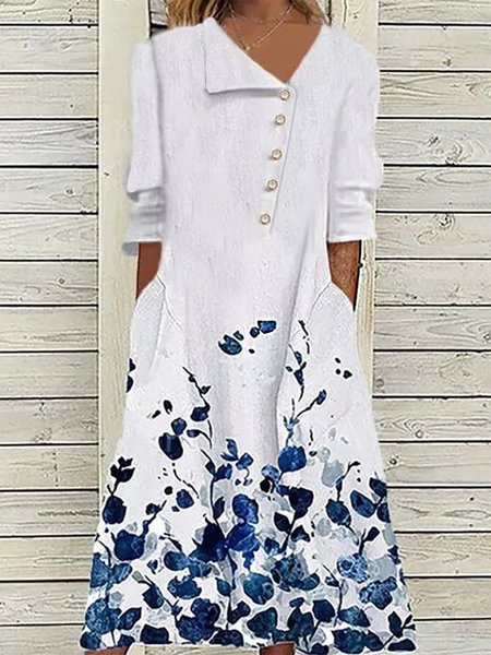 

Buttoned Elegant Asymmetrical Neck Dresses, White, Midi Dresses