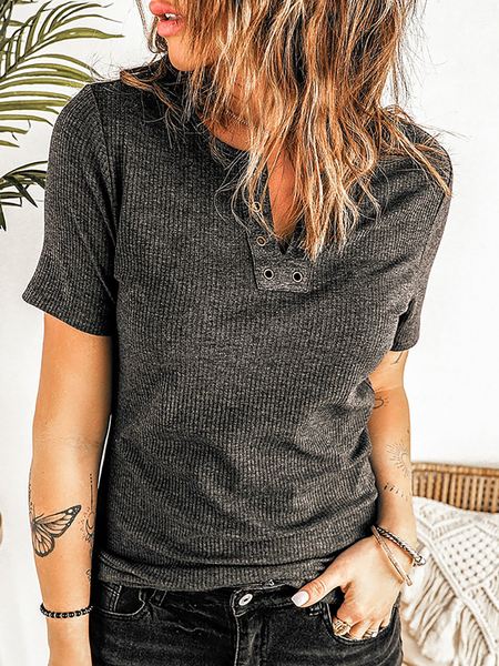 

Plus size Plain V Neck Casual Short Sleeve T-shirt, Deep gray, T-Shirts