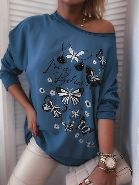 

Casual Loosen Crew Neck Letter Butterfly Top, Blue, Tees