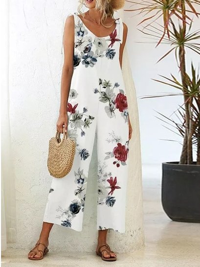 

Vacation Floral Crew Neck One-Pieces, White, Jumpsuits＆Rompers