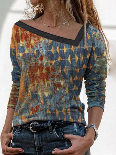 

Asymmetrical Neck Cotton Blends Tribal Shirts & Tops, Blue, T-Shirts