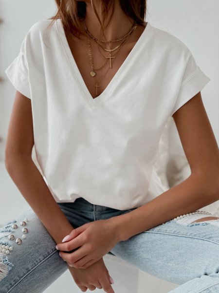 

Casual Short Sleeve V Neck Plus Size Tops T-shirts, White, T-Shirts