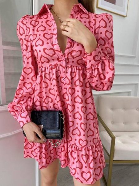 

Shirt Collar Heart Romantic Mini Dress, Pink, Mini Dresses