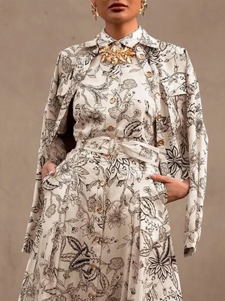 

Elegant Floral Long Sleeve Outerwear, Black-white, Blazers