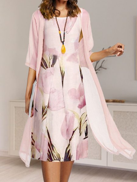 

Round Neck Floral Loosen Vacation Two Piece Dresses, Pink, Dresses