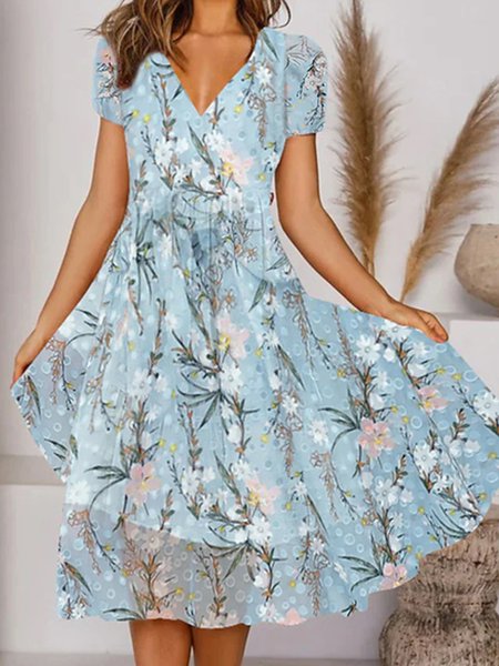 

Floral Vacation Loosen V Neck Dresses, Blue, Dresses