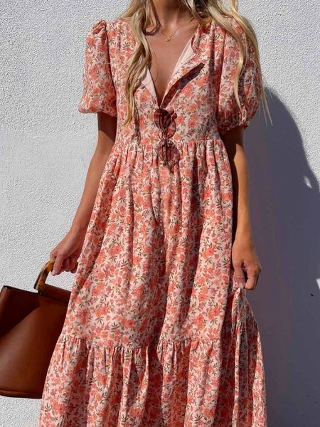 

Loosen V Neck Vacation Dresses, Orange, Midi Dresses