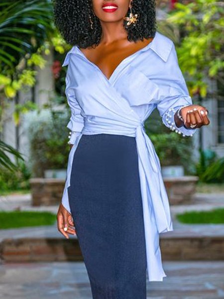 

Plain Long sleeve Elegant Daily Top, Blue, Tops