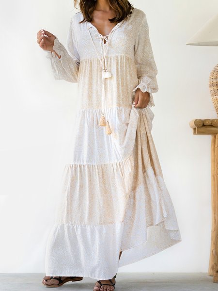 

Floral Loosen V Neck Dresses, White, Maxi Dresses