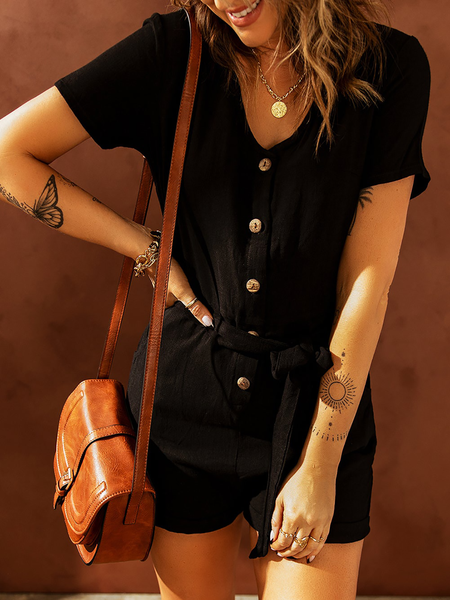 

Plus size Plain Short Sleeve Casual Jumpsuit & Romper, Black, Jumpsuits