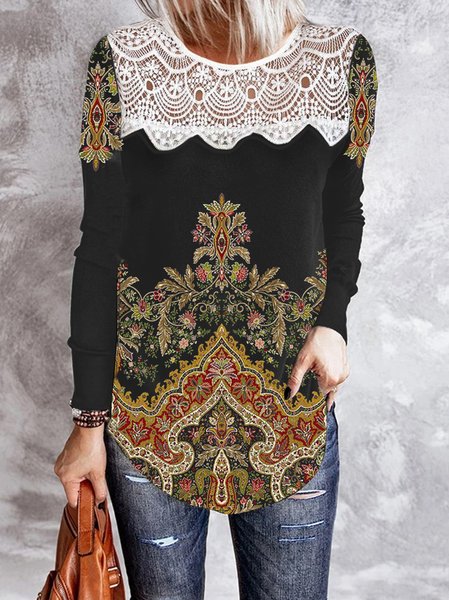 

Cotton Blends Crew Neck Casual Shirts & Tops, Black, Long sleeve tops