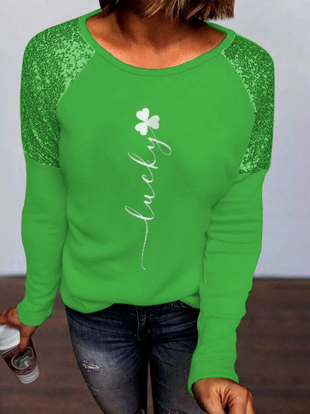 St. Patrick's Day Cotton Blends Plants Shirts & Tops, Green, Long sleeve tops