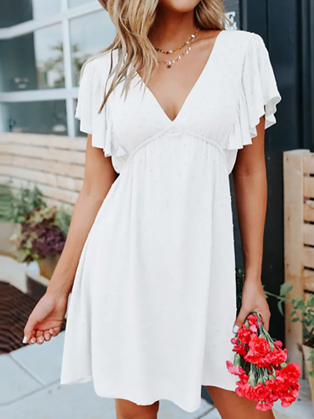 

Three-dimensional polka-dot cut flower short-sleeved solid color pleated ruffled fashion casual holiday dress Loosen Plain Boho Dresses, White, Dresses