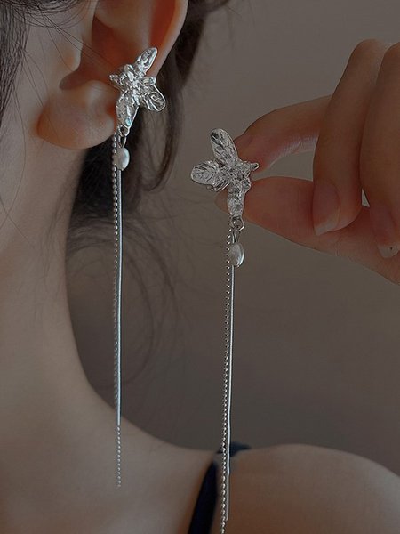 

Pearl Butterfly Fringe Earrings Ear Cuff, As picture, Earrings