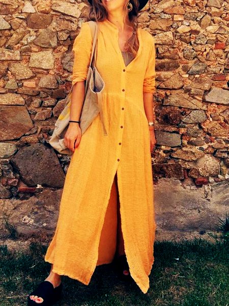 

Plus Size Casual V neck Solid Loosen Long Sleeve Long sleeve Woven Dress, Yellow, Maxi Dresses