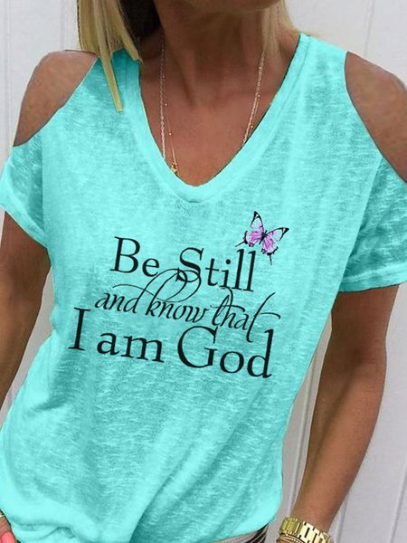 

Loosen Casual Letter Printed V Neck Cotton Blends Shirts & Tops, Aqua, T-Shirts