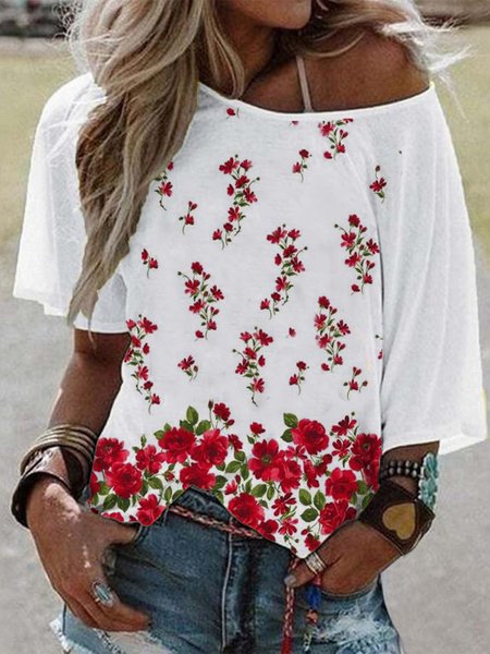 

Cotton Blends Casual Floral Shirts & Tops, White, T-Shirts