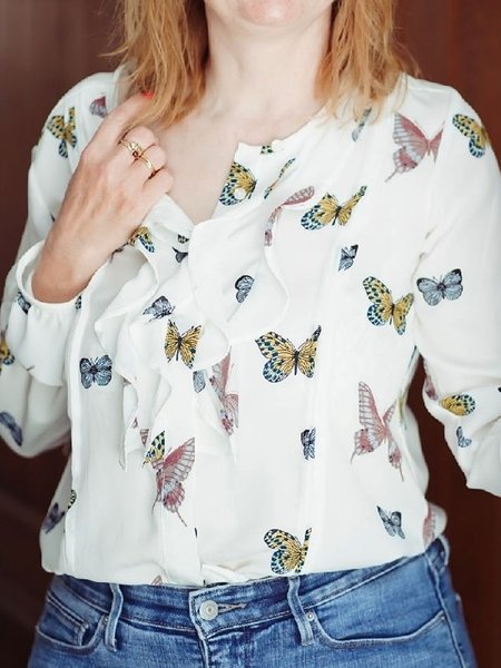 Butterfly Casual Crew Neck Long sleeve tops, White, Tops