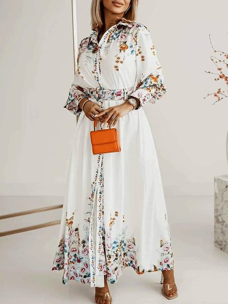 

Vacation Floral Slim Fit Shirt Collar Dress, White, Maxi Dresses