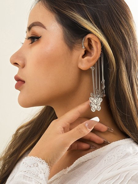 Metal Butterfly Tassel Earrings Earring Jacker, Silver, Earrings