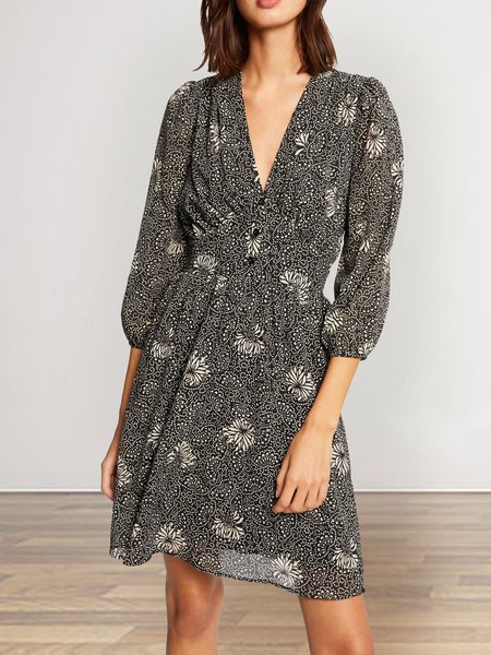 

Loosen Floral V Neck Dresses, Black, Floral Dresses