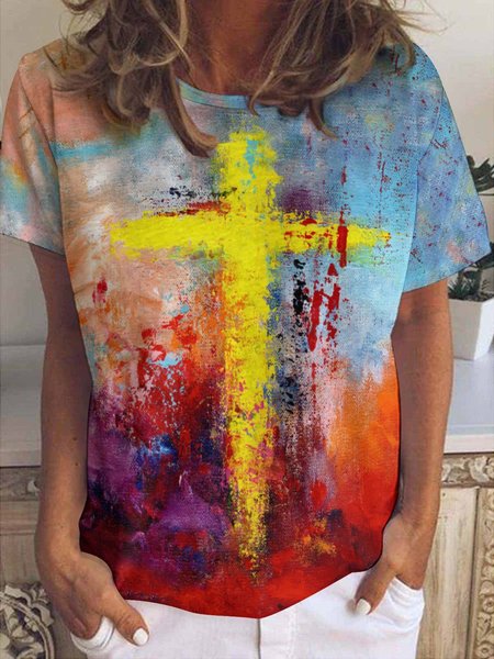 

Cross Gradient Print Crew Neck Short Sleeve T-Shirt, As picture, T-shirts