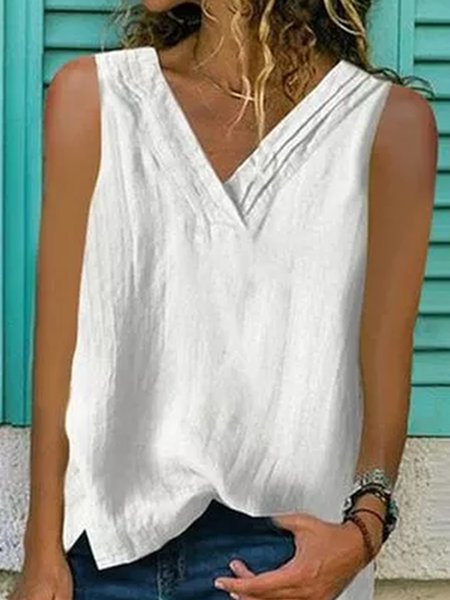 

Loosen Solid V Neck Solid Simple Vests, White, Tanks & Camis
