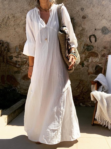

Plus Size Casual Solid Loosen V Neck Long Sleeve Dresses, White, Maxi Dresses