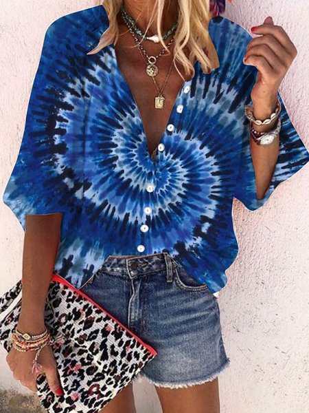 

Vacation Holiday gradient Abstract graffiti tie dyeing Buttoned Shirts & Tops Plus Size, Blue, Shirts & Blouses