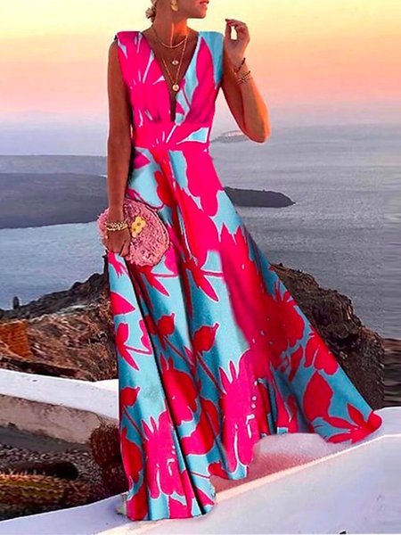 

Boho Floral Sleeveless V Neck Plus Size Casual Dresses, Multicolor, Maxi Dresses