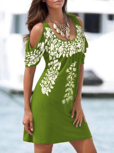 

Floral Short Sleeve Crew Neck Plus Size Casual Dresses, Green, Mini Dresses
