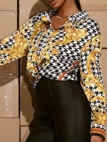 

Shirt Collar Simple Long Sleeve Houndstooth Regular Fit Shirt, Yellow, Blouses and Shirts