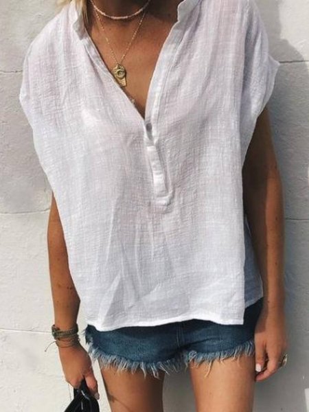 

V Neck Casual Buttoned Shirts & Tops, White, Tops