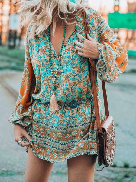 

Boho V neck Floral Long Sleeve Loosen Long sleeve Woven Dress, As picture, Mini Dresses
