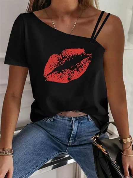 

Short sleeve Casual One Shoulder Shirts & Tops, Black, T-Shirts