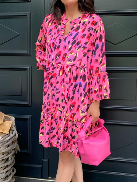 

V Neck Casual Loosen Long sleeve Woven Dress, Rose red, Mini Dresses