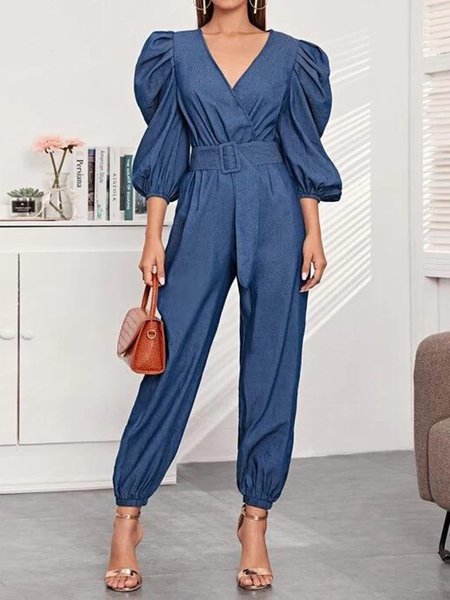 

V neck Solid Simple Regular Fit One-Piece, Blue, Jumpsuits