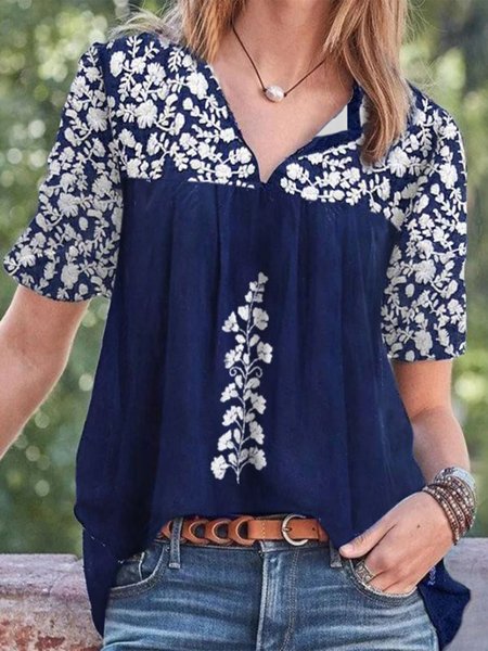 

Floral Short Sleeves V Neck Plus Size Casual Tops, Blue, Tops