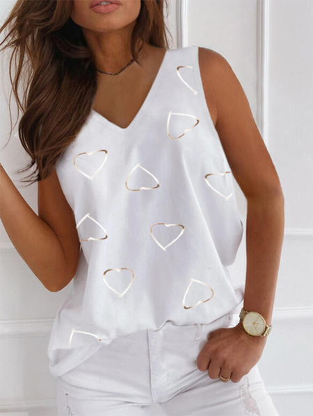 

V neck Sleeveless Heart Casual Vests, White, Tank Top