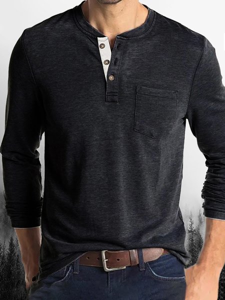 

Men's Henry Collar Long Sleeve Tops, Deep gray, T-shirt