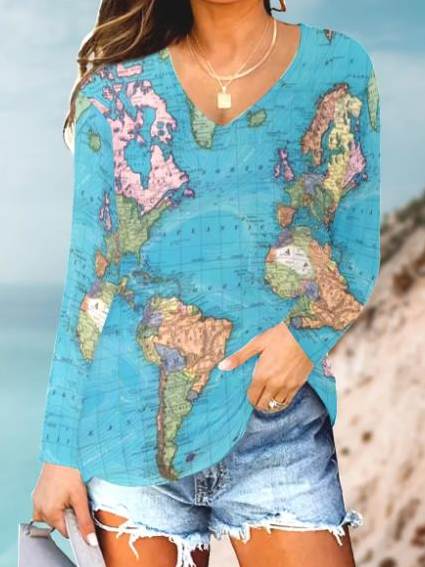 

Vintage Map Casual Long sleeve Top, As picture, Long sleeves