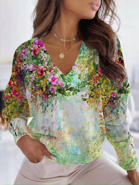 

Loosen Romantic Floral Printed Off Shoulder Cotton Blends V Neck Shirts & Tops, Flower, T-Shirts