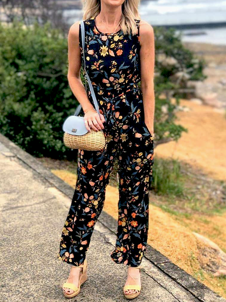 

Floral Boho Loosen Jumpsuit & Romper, Black, Jumpsuits