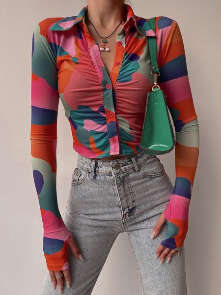 

Spring Slim Fit Elegant Shirt Collar Long sleeve Geometric Tops, As picture, Tops