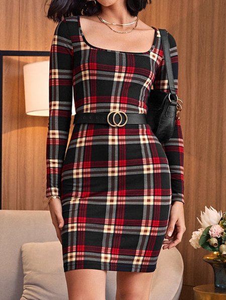 

Vintage Checked Square Neck Long Sleeve Dress, As picture, Mini Dresses