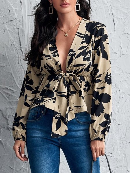 

Elegant Regular Fit Deep V-neck Front Tie Floral Top, As picture, Tops